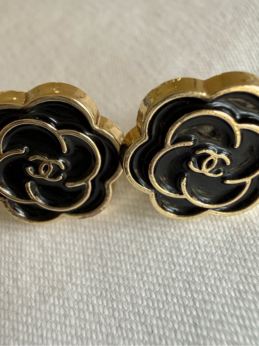 Black and Gold Camellia Stud Earrings with CC -Repurposed Buttons